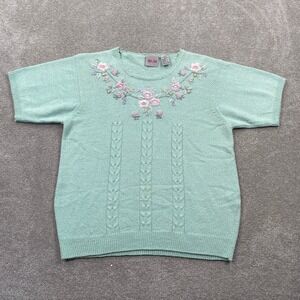 Tan Jay Womens Sweater M/M Mint Green Embroidered Floral Short Sleeve Knit